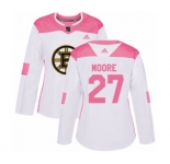 Women Adidas Boston Bruins #27 John Moore Authentic White Pink Fashion NHL Jersey