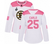 Women's Boston Bruins #25 Brandon Carlo Authentic White Pink Fashion 2019 Stanley Cup Final Bound Hockey Jersey