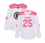 Women's Boston Bruins #25 Brandon Carlo Authentic White Pink Fashion Hockey Jersey