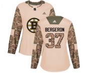 Women's Boston Bruins #37 Patrice Bergeron Authentic Camo Veterans Day Practice Hockey Jersey