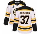Women's Boston Bruins #37 Patrice Bergeron Authentic White Away 2019 Stanley Cup Final Bound Hockey Jersey