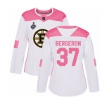 Women's Boston Bruins #37 Patrice Bergeron Authentic White Pink Fashion 2019 Stanley Cup Final Bound Hockey Jersey