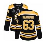 Women's Boston Bruins #63 Brad Marchand Authentic Black Home 2019 Stanley Cup Final Bound Hockey Jersey