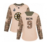 Women's Boston Bruins #9 Johnny Bucyk Authentic Camo Veterans Day Practice 2019 Stanley Cup Final Bound Hockey Jersey