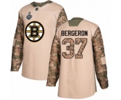 Youth Boston Bruins #37 Patrice Bergeron Authentic Camo Veterans Day Practice 2019 Stanley Cup Final Bound Hockey Jersey
