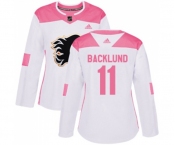 Women Calgary Flames #11 Mikael Backlund Authentic White Pink Fashion Hockey Jersey