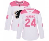 Women Calgary Flames #24 Travis Hamonic Authentic White Pink Fashion Hockey Jersey