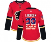 Women Calgary Flames #28 Elias Lindholm Authentic Red USA Flag Fashion Hockey Jersey