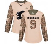 Women Calgary Flames #9 Lanny McDonald Authentic Camo Veterans Day Practice Hockey Jersey