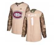 Men Adidas Montreal Canadiens #1 Jacques Plante Camo Authentic 2017 Veterans Day Stitched NHL Jersey