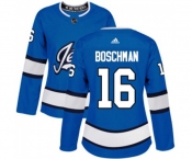 Women Adidas Winnipeg Jets #16 Laurie Boschman Authentic Blue Alternate NHL Jersey