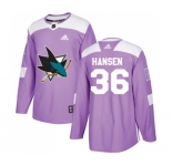 Adidas San Jose Sharks #36 Jannik Hansen Authentic Purple Fights Cancer Practice NHL Jersey