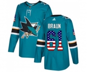 Adidas San Jose Sharks #61 Justin Braun Authentic Teal Green USA Flag Fashion NHL Jersey
