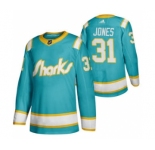 Men's San Jose Sharks #31 Martin Jones 2020 Throwback Authentic Player Hockey Jersey Teal