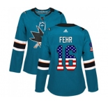 Women Adidas San Jose Sharks #16 Eric Fehr Authentic Teal Green USA Flag Fashion NHL Jersey