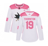 Women Adidas San Jose Sharks #19 Joe Thornton Authentic White Pink Fashion NHL Jersey
