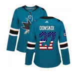 Women Adidas San Jose Sharks #27 Joonas Donskoi Authentic Teal Green USA Flag Fashion NHL Jersey