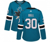 Women Adidas San Jose Sharks #30 Aaron Dell Authentic Teal Green Home NHL Jersey