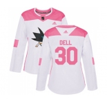 Women Adidas San Jose Sharks #30 Aaron Dell Authentic White Pink Fashion NHL Jersey
