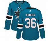 Women Adidas San Jose Sharks #36 Jannik Hansen Authentic Teal Green Home NHL Jersey