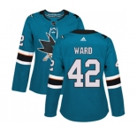 Women Adidas San Jose Sharks #42 Joel Ward Authentic Teal Green Home NHL Jersey