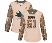 Women Adidas San Jose Sharks #61 Justin Braun Authentic Camo Veterans Day Practice NHL Jersey