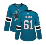 Women Adidas San Jose Sharks #61 Justin Braun Authentic Teal Green Home NHL Jersey