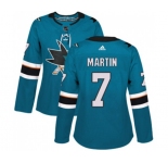 Women Adidas San Jose Sharks #7 Paul Martin Authentic Teal Green Home NHL Jersey