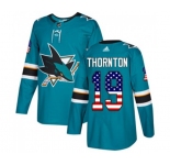 Youth Adidas San Jose Sharks #19 Joe Thornton Authentic Teal Green USA Flag Fashion NHL Jersey