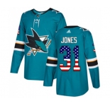 Youth Adidas San Jose Sharks #31 Martin Jones Authentic Teal Green USA Flag Fashion NHL Jersey
