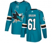 Youth Adidas San Jose Sharks #61 Justin Braun Premier Teal Green Home NHL Jersey
