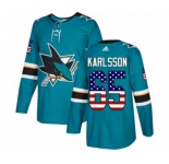 Youth Adidas San Jose Sharks #65 Erik Karlsson Authentic Teal Green USA Flag Fashion NHL Jersey