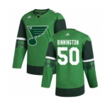 Men's St. Louis Blues #50 Jordan Binnington 2020 St. Patrick's Day Stitched Hockey Jersey Green