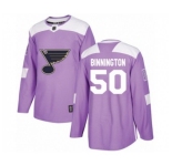 St. Louis Blues #50 Jordan Binnington Authentic Purple Fights Cancer Practice Hockey Jersey