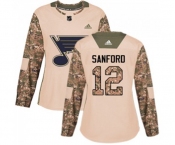 Women Adidas St. Louis Blues #12 Zach Sanford Authentic Camo Veterans Day Practice NHL Jersey