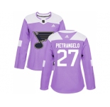 Women Adidas St. Louis Blues #27 Alex Pietrangelo Purple Authentic Fights Cancer Stitched NHL Jersey