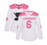 Women Adidas St. Louis Blues #6 Joel Edmundson Authentic White Pink Fashion NHL Jersey