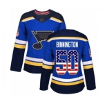 Women St. Louis Blues #50 Jordan Binnington Authentic Blue USA Flag Fashion Hockey Jersey
