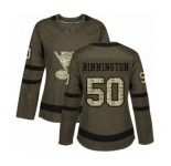 Women St. Louis Blues #50 Jordan Binnington Authentic Green Salute to Service Hockey Jersey