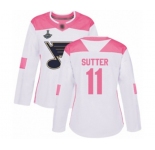 Women's St. Louis Blues #11 Brian Sutter Authentic White Pink Fashion 2019 Stanley Cup Champions Hockey Jersey