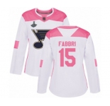 Women's St. Louis Blues #15 Robby Fabbri Authentic White Pink Fashion 2019 Stanley Cup Champions Hockey Jersey