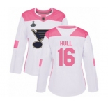 Women's St. Louis Blues #16 Brett Hull Authentic White Pink Fashion 2019 Stanley Cup Champions Hockey Jersey