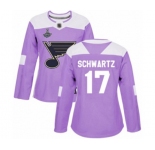 Women's St. Louis Blues #17 Jaden Schwartz Authentic Purple Fights Cancer Practice 2019 Stanley Cup Champions Hockey Jersey