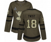 Women's St. Louis Blues #18 Tony Twist Authentic Green Salute to Service 2019 Stanley Cup Champions Hockey Jersey