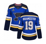 Women's St. Louis Blues #19 Jay Bouwmeester Authentic Royal Blue Home 2019 Stanley Cup Champions Hockey Jersey