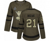 Women's St. Louis Blues #21 Tyler Bozak Authentic Green Salute to Service 2019 Stanley Cup Champions Hockey Jersey