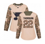 Women's St. Louis Blues #22 Chris Thorburn Authentic Camo Veterans Day Practice 2019 Stanley Cup Champions Hockey Jersey