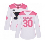 Women's St. Louis Blues #30 Martin Brodeur Authentic White Pink Fashion 2019 Stanley Cup Champions Hockey Jersey
