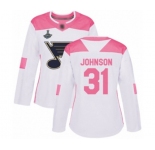Women's St. Louis Blues #31 Chad Johnson Authentic White Pink Fashion 2019 Stanley Cup Champions Hockey Jersey