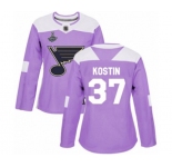 Women's St. Louis Blues #37 Klim Kostin Authentic Purple Fights Cancer Practice 2019 Stanley Cup Champions Hockey Jersey